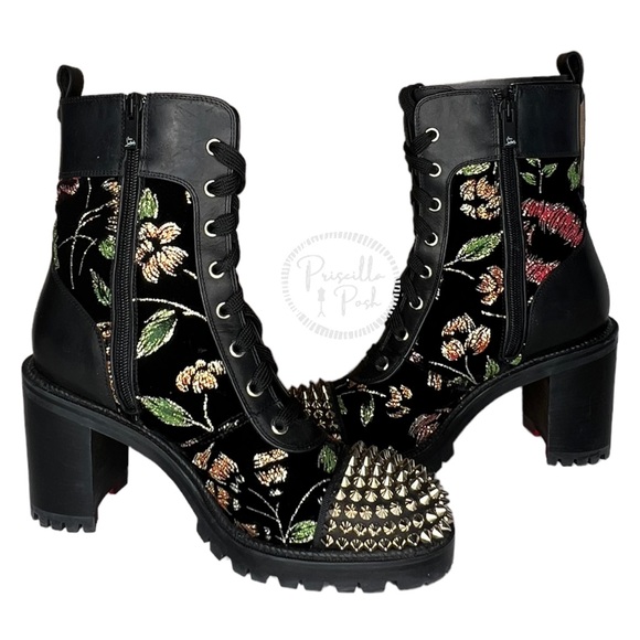 Christian Louboutin Croc Floral Studded Hiking Ankle Boots Black Spike Studded - Picture 8 of 15